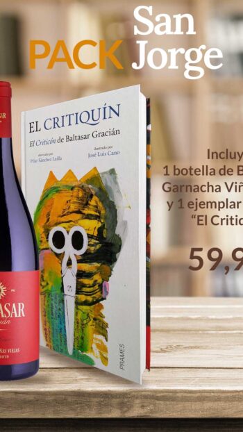 Pack San Jorge con botella de Garnacha Viñas Viejas Baltasar Gracián y libro ilustrado El Critiquín sobre mesa de madera